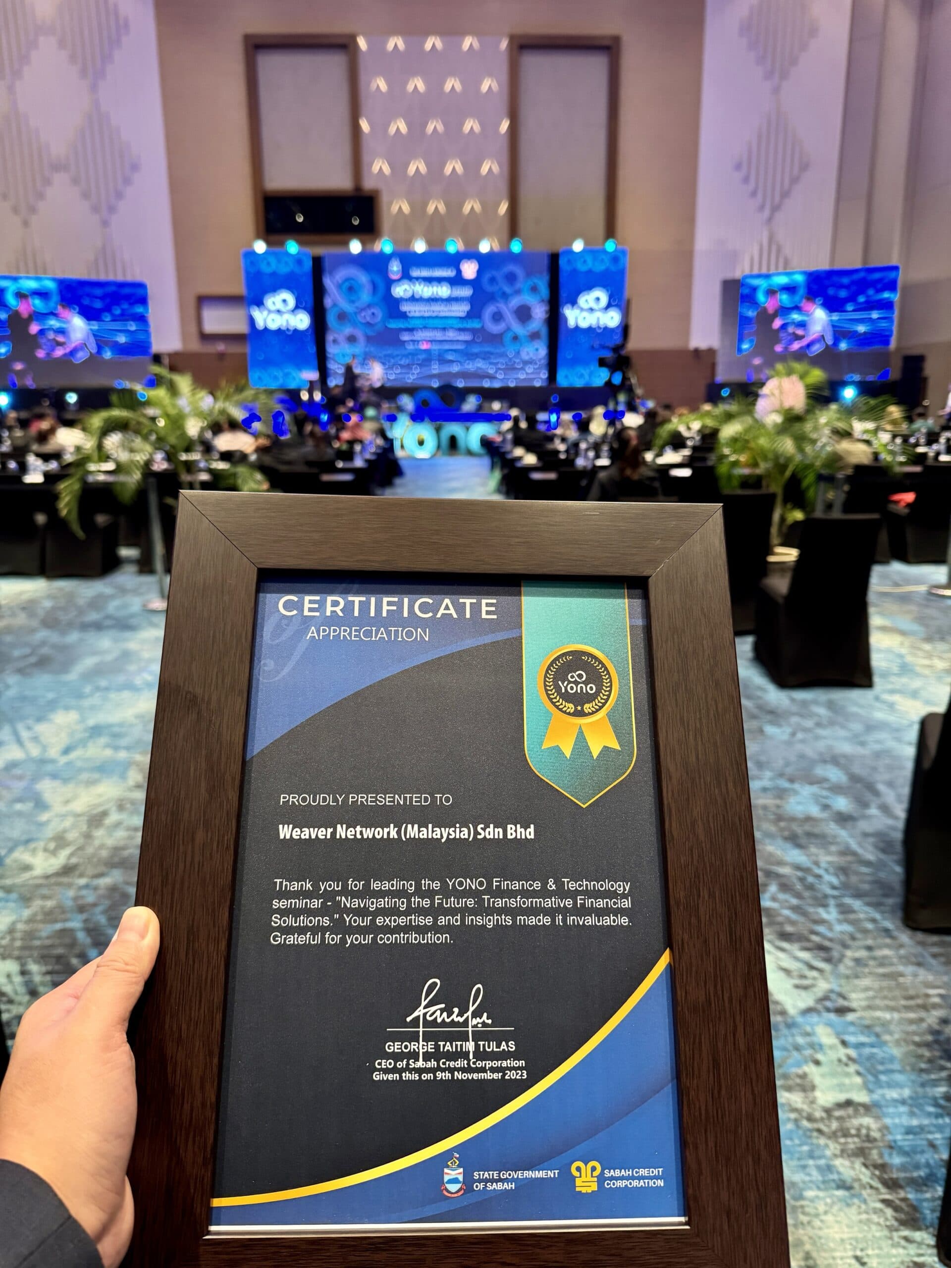 Certificate of Appreciation at the YONO Finance & Technology Seminar by SCC