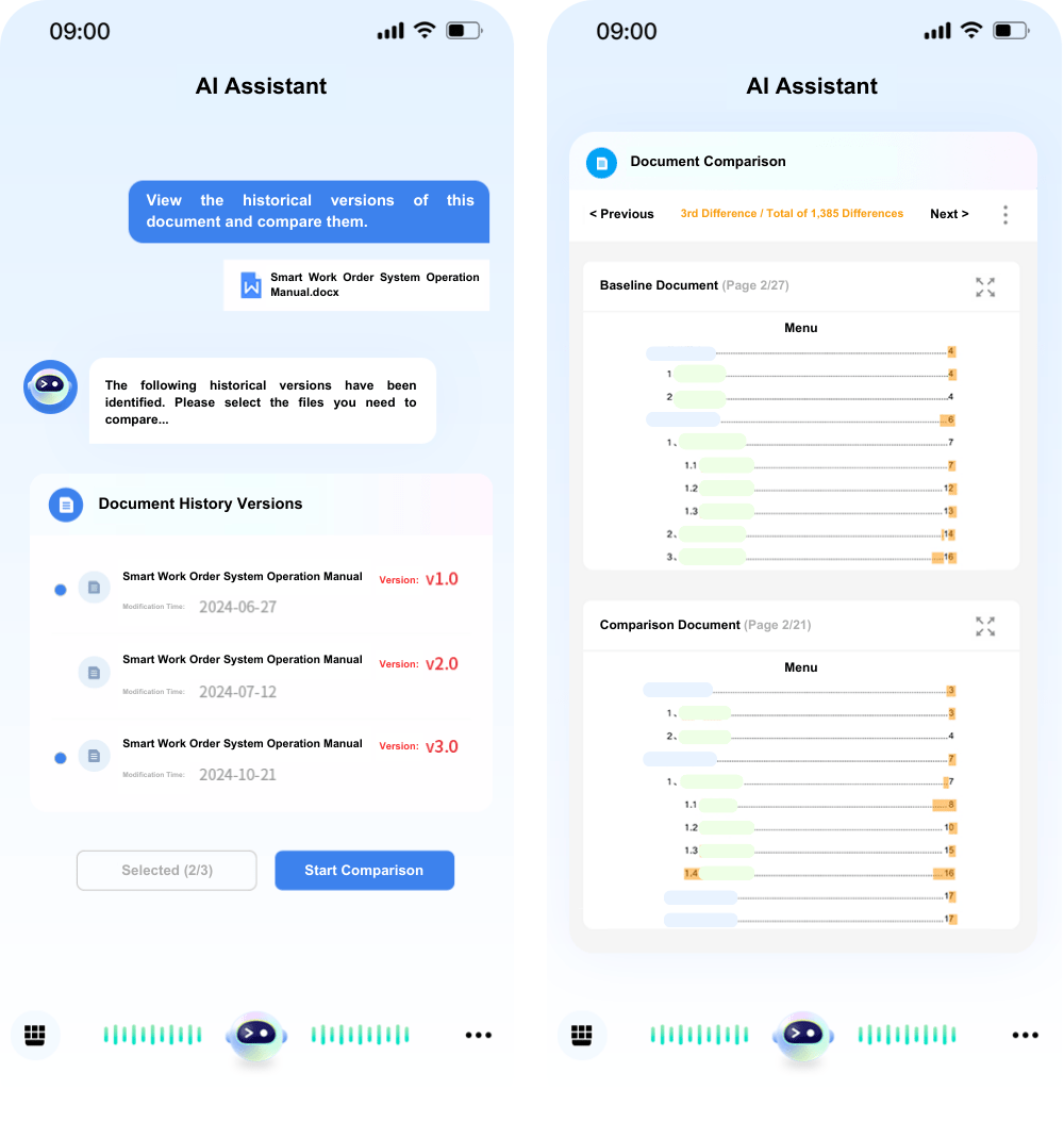 Side-by-side comparison with highlighted differences