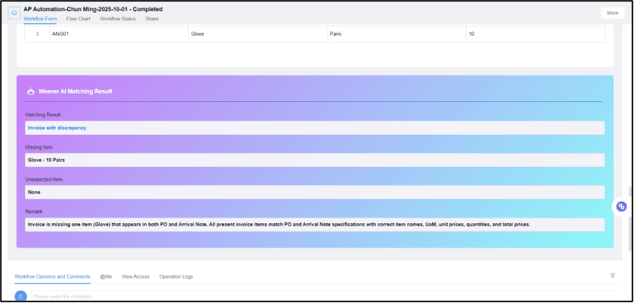 A screenshot of the Weaver AI matching result indicating an invoice discrepancy, showing missing items and remarks regarding the invoice status.