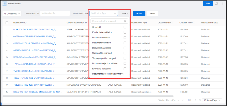 A screenshot of a digital notification system displaying a list of notifications related to e-invoicing activities. The interface includes columns for Notification ID, UUID, Notification Type, Creation Time, and Notification Status, along with a search and filter option.