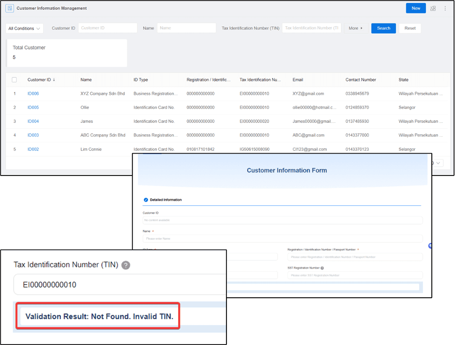 Screenshot of a customer information management interface displaying customer IDs and tax identification numbers, highlighting a validation error message stating 'Validation Result: Not Found. Invalid TIN.'