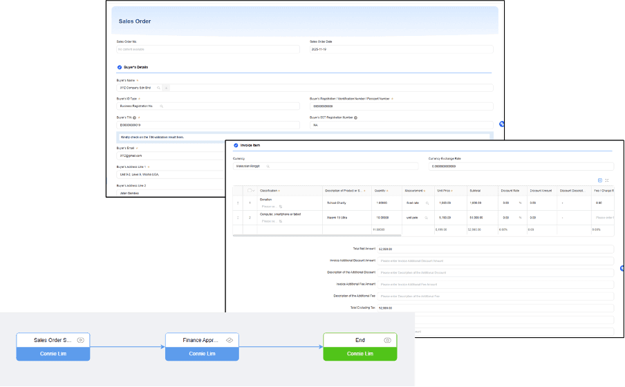 A screenshot showing the Weaver E-Invoicing system interface, displaying sections for sales order details, buyer information, and invoice item list. It includes fields for sales order number, buyer details, and a table with item descriptions, quantities, unit prices, and total amounts.