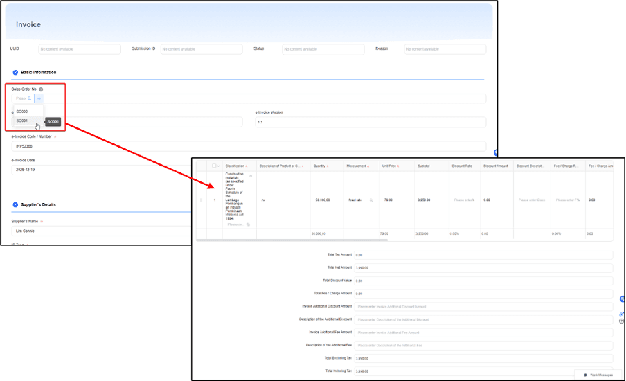 Screenshot of a digital invoicing interface displaying basic invoice information such as sales order number, UUID, submission ID, invoice date, and details of the supplier. The invoice includes itemized descriptions, quantities, unit prices, and total amounts.