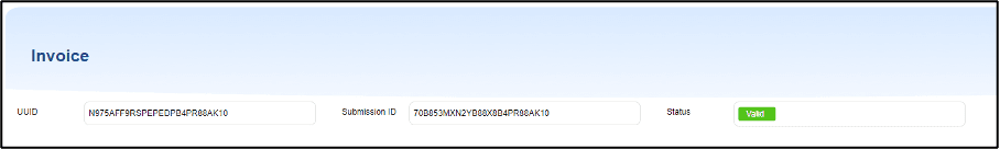 Screenshot of an invoice interface displaying the UUID, Submission ID, and status labeled 'Valid'.