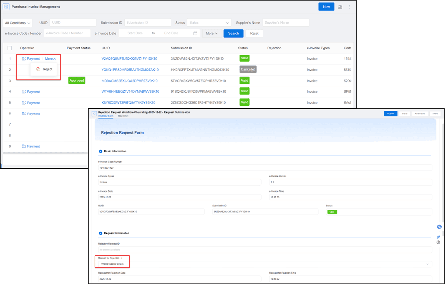 Screenshot of a Purchase Invoice Management interface showing invoice details and options for payment and rejection.