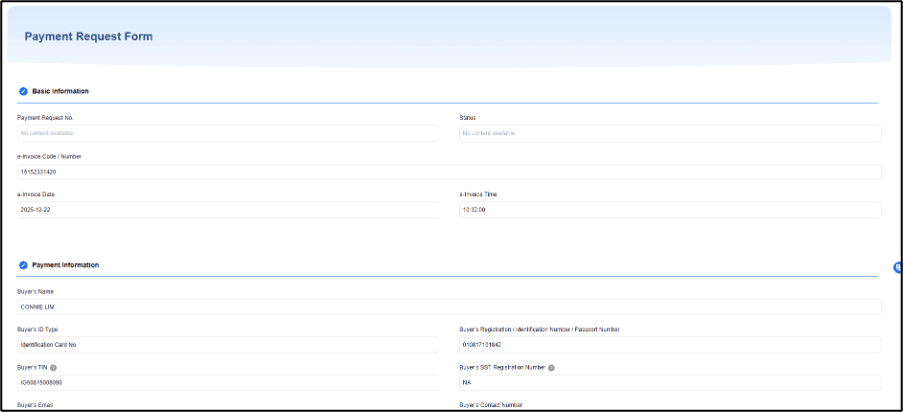 A screenshot of a Payment Request Form showing basic information fields such as Payment Request Number, e-Invoice Code, Invoice Date, and Payment Information details including Buyer's Name and Identification details.